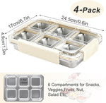 4 Pack Stainless Steel Snack Containers with Lids, 6 Compartment Leakproof